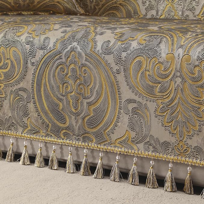 Loom and Mill Luxury Jacquard Sofa Couch Covers, Taupe Gold, 71"x118" | European Antique Sofa Throw Cover with Tassels for 2-3 Cushion Couch, Sectional Couch Cover Sofa Slipcover for Dogs Pets - Image 4