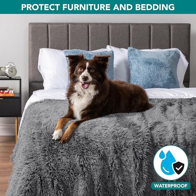 PetAmi Waterproof Dog Blanket for Couch, Queen Bed & Furniture,Reversible Sherpa & Faux Fur Pet Blanket, Leakproof Blanket for Large Dog Cat, Washable Soft Calming Couch Protector Throw (90x90, Gray) - Image 2