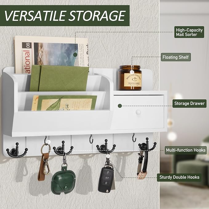 Rebee Vision Key Holder Wall Mount with Mail Organizer for Entryway, White | 3 Mail Sorters, Drawer, 7 Hooks, Sorts Letters, Stores Small Items, Mail and Key Organizer for Wall, Accent for Apartments - Image 4