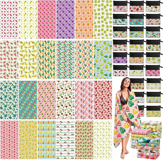 Peryiter 48 Pcs Microfiber Beach Towel with Bags Bulk, 24 Large Quick Dry Pool Towels and 24 Storage Bags, 28 x 55 Inch Fruit Blanket for Beach Swimming Summer Party Camping Travel Women by Peryiter