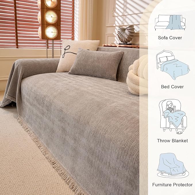 Solid Large Chenille Couch Covers for Sectional Sofa, Light Grey | Soft Non Slip Sofa Cover Washable, Pet Friendly Furniture Protector for Dogs Cats, Wear & Tear Resistant, Tassels, 71"x118" - Image 3