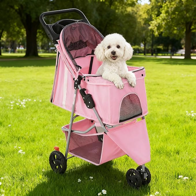 NEWBULIG 3 Wheel Pet Stroller for Dogs and Cats, Foldable, Lightweight and Durable, Ideal for Small to Medium Pets, Includes Storage Basket and Cup Holders