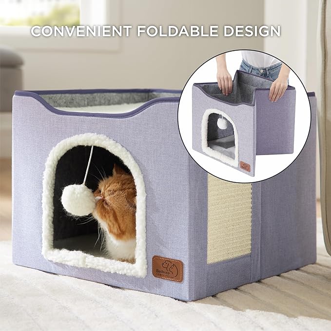 Bedsure Cat House Bed for Indoor Cats with Fluffy Ball and Scratch Pad | Cloud Purple 16.5x16.5x13 in,Large Cat Cave for Multiple Pets,Foldable Cat Hideway Cube for Sleeping Kitten - Image 4
