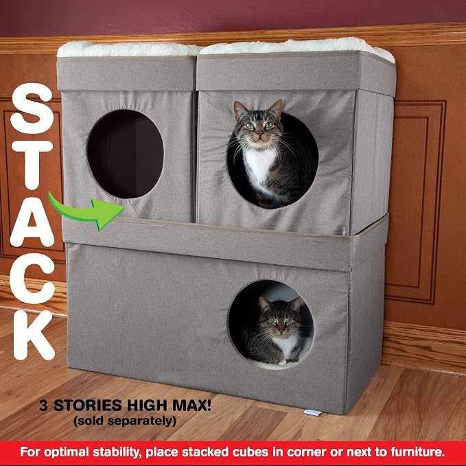 Kitty City Large Stackable Cat Condo & Cube House, Modular Indoor Cat Furniture with Plush Washable Beds, Collapsible Cat Cave & Lounging Ottoman, Tan - Image 12