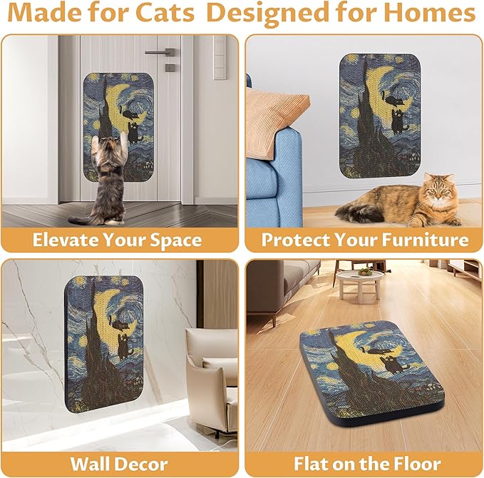 Cat Wall Scratcher, Art Cat Scratching Board for Indoor Cats | Wall Mounted Cat Scratch Pad, Water-Based Ink, Hook&Loop Strips, Floor or Wall Use, 16.7x11x1 Inch, Starry Night - Image 5