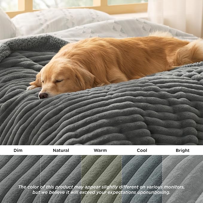 Bedsure ComfyFleece™ Waterproof Dog Blankets for Large Dogs,40x50 | Soft Plush Couch Cover,Washable Corduroy Fleece for Furniture Protector,Cozy Calming Reversible Pet Blanket, Warm Grey - Image 6