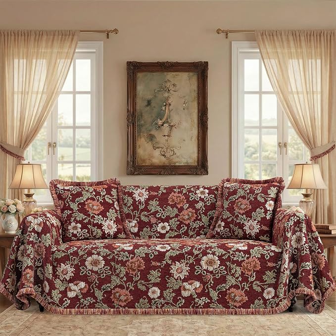 Loom and Mill Luxury Floral Jacquard Sofa Couch Covers, Rust Red, 71"x118" | Rustic Chenille Sofa Throw Cover with Tassels for 2-3 Cushion Couch, Sectional Couch Cover Sofa Slipcover for Dogs Pets - Image 2