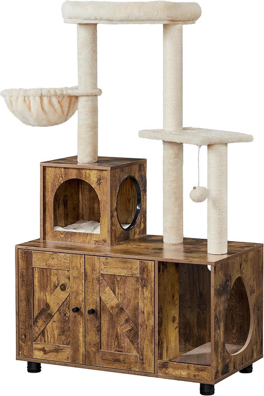 Yaheetech All-in-one Litter Box Enclosure with Cat Tree, Rustic Brown/Beige | Odor-control wooden litter box furniture w/ventilation holes, plush top perch, condo & scratching posts, easy-wipe surfaces by Unknown