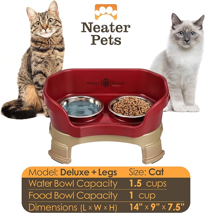 Neater Feeder Deluxe Mess-Proof Elevated Cat Bowls, 2 Height Adjustable (6” & 7.5”) No-Spill Raised Cat Bowl Stand, Whisker Friendly Stainless Steel Dishes for Indoor Cats, Made in USA, Cranberry - Image 4