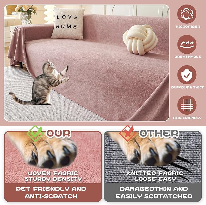 MYSKY HOME Pink Sofa Cover, Couch Covers for Sofa, Pet Couch Cover Reclining Couch Covers Loveseat Covers for 2 Cushion Couch Thick Durable Cushion Covers for Furniture Couch Cover, 71" x 102" - Image 2