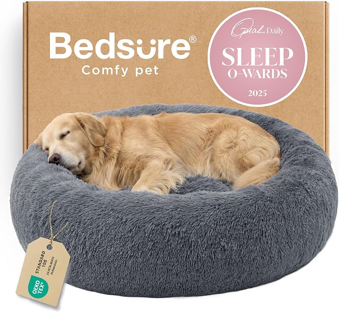 Bedsure Calming XL Dog Bed Donut Washable Extra Large Pet Bed,45ins | Fluffy Faux Fur Round Cuddler,Machine Washable,Anti-Slip Bottom,Anti-Anxiety,Deep Sleeping for Pets Up to 120 Lbs,Dark Grey by Unknown