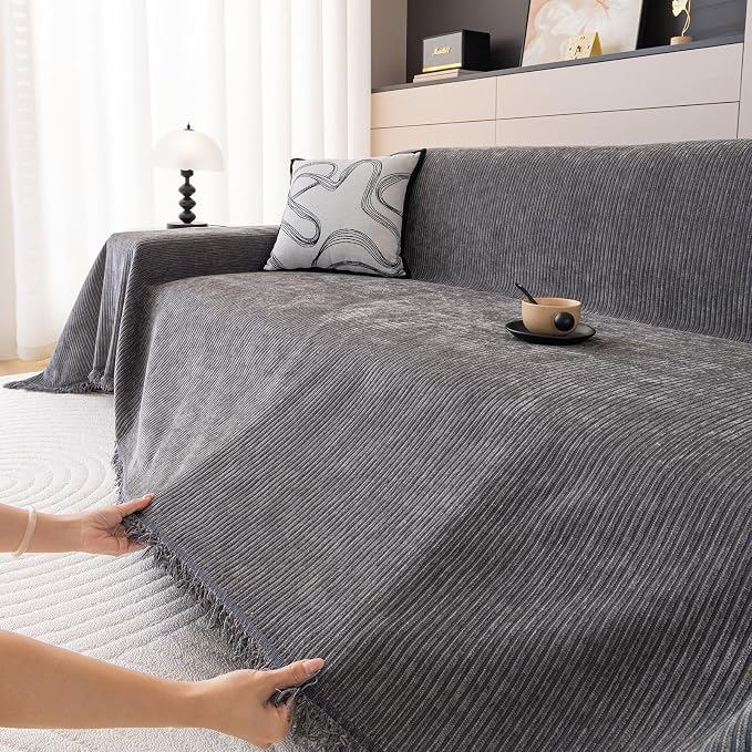 DREAMINGO Modern Minimalist Sofa Covers Washable Pet Furniture Protector Couch Cover for Dogs Cozy Chenille Couch Cover Blanket Stripe Textured Sectional Couch Slipcovers (X-Large, Dark Grey) - Image 3