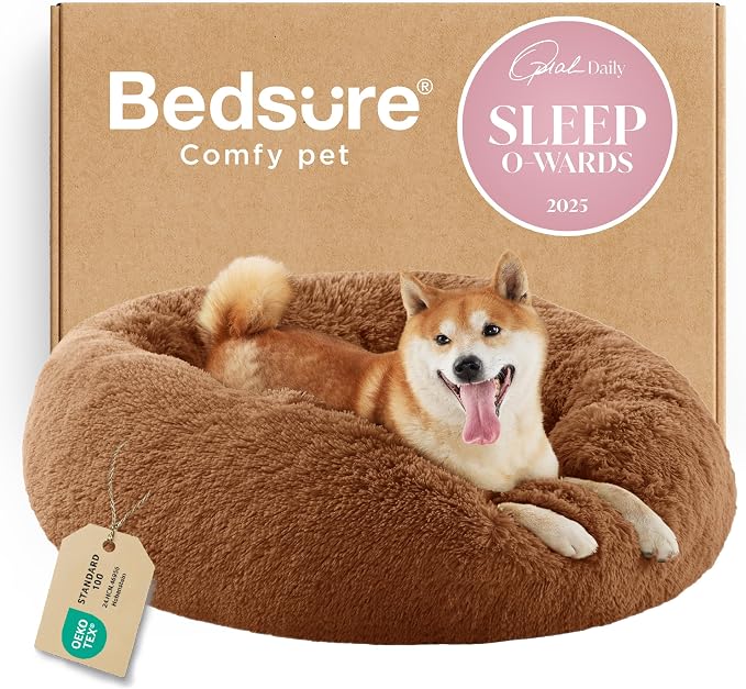Bedsure Calming Dog Bed Medium Size Dog Donut Washable Pet Bed,30ins Copper | Fluffy Faux Fur Round Cuddler,Machine Washable,Anti-Slip Bottom,Anti-Anxiety,Deep Sleeping for Pets Up to 45 Lbs by Unknown