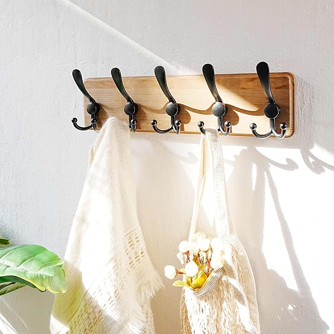 Dseap Coat Rack Wall Mount - Heavy-Duty Robust Barnwood-Style Wooden Wall Coat Hanger Hook Rail with 5 Triple Hooks for Winter Coats Hat Jacket Clothing, Weathered Brown & Black - Image 7