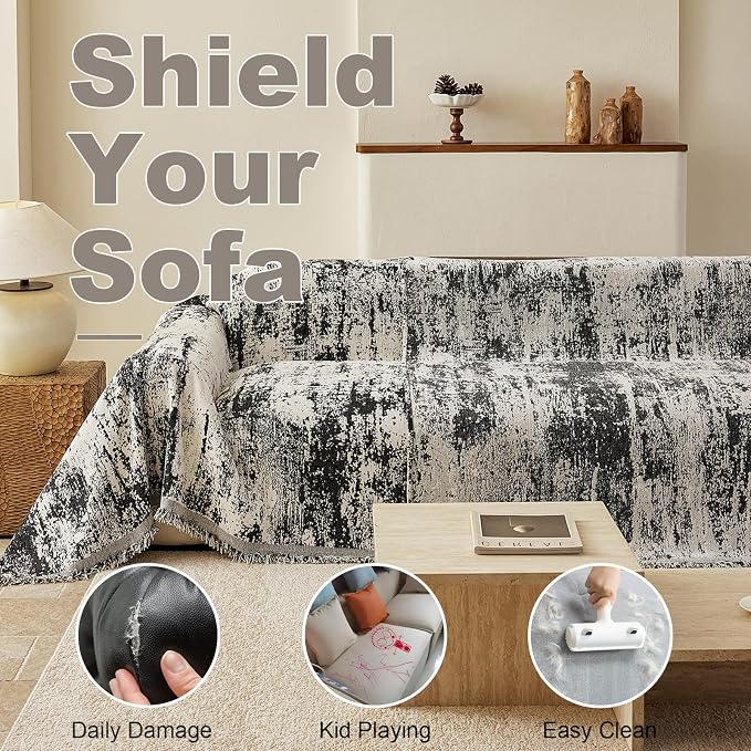 VClife Boho Couch Cover, Non Slip Soft Couch Covers for 3-4 Cushion Couch Sofa Pet Friendly, Irregular Vintage Black Off-White Scraped Texture Furniture Protector Sofa Slipcover for Dog, 71" X 150" - Image 5