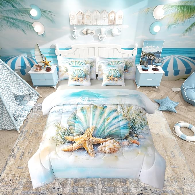 Erosebridal Summer Beach Nautical Bed in A Bag, Blue Ocean Coastal Comforter Set with Sheets Twin, Shell Seaweed Starfish 7 Pcs Bedding Set for Kids Teens Youth Men Women, Seawaves Sea Life Bed Sets by Erosebridal