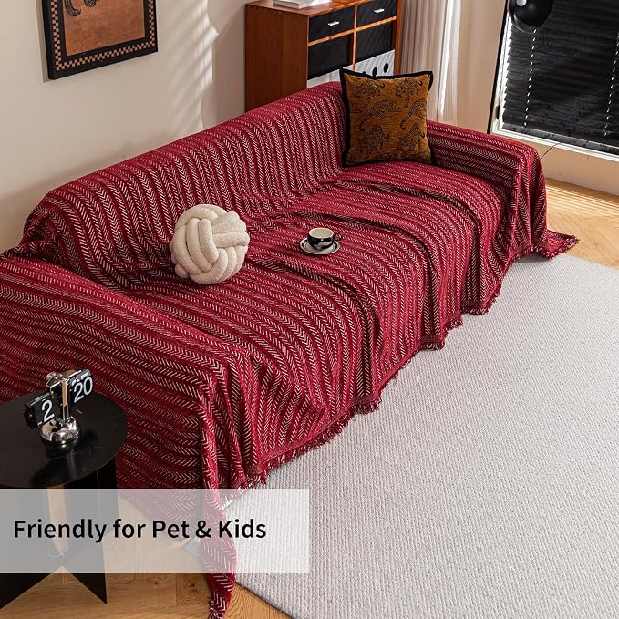 Sofa Covers for 3 Cushion Couch Seat, Loveseat Non Slip Couch Cover Chenille Strip Couch Throw Blankets with Tassels, Sectional Sofa Slipcovers Furniture Protector for Pets, Kids 71"x134", Wine - Image 7