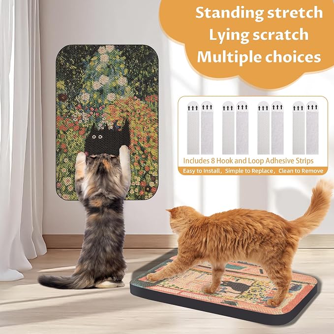 2 Pack Cat Wall Scratcher, Art Cat Scratching Board for Cats | Wall Mounted Cat Scratch Pad, Water-Based Ink, Hook&Loop Strips, Floor or Wall Use, 16.7x11x1 Inch, Window & Garden - Image 3