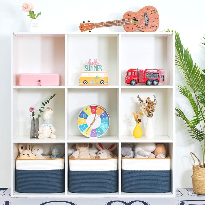 MINTWOOD Design 3-Pack Storage Baskets for Shelves, Playroom and Classroom Storage Basket, Book Basket, Decorative Storage Cube Bins, Woven Closet Organizers, Pantry and Shoe Organizer, Prussian Blue - Image 4