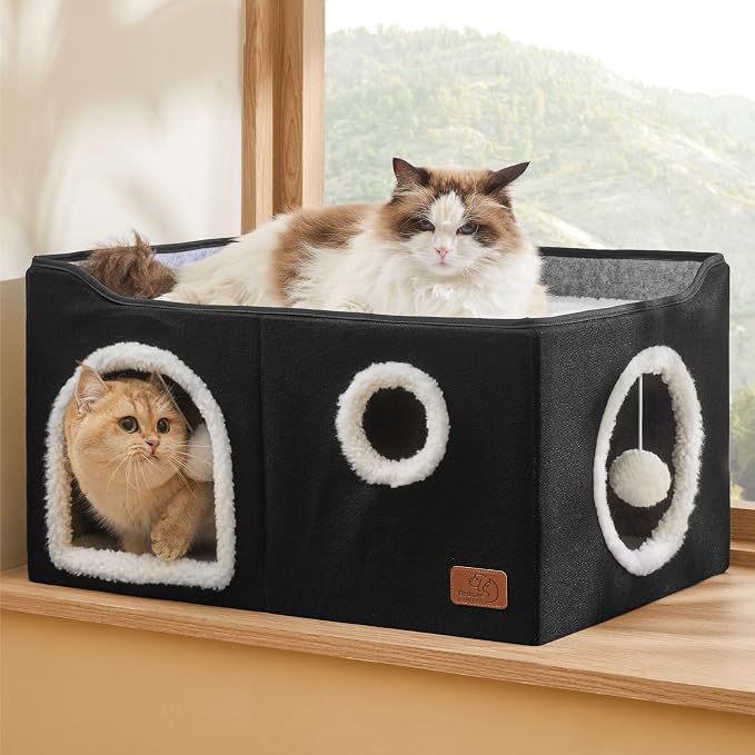 Bedsure Extra Wide Cat House Bed with Fluffy Ball and Scratch Pad,Black | 23.6x16.9x13 in,Indoor cat cave for multiple pets, Foldable cat hideway cube for sleeping large cat and kitten - Image 8