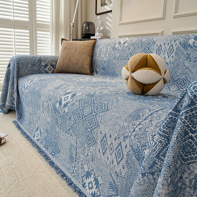 DREAMINGO Couch Covers for Sofa Boho Geometric Jacquard Vintage Sofa Covers 3 Seater Non Slip Chenille Furniture Protector for Dogs Pets Washable Sectional Couch Slipcovers, Blue, 71"x134" - Image 4