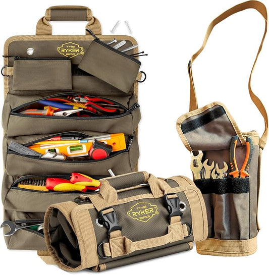 Ryker Original Heavy Duty Tool Roll Up Bag Organizer w/Accessible Pouches | Motorcycle & Truck Accessories Gadgets for Men. Plumbing Tools Kit Pouch Work Tool Bag. Socket Wrench Tool Box Organizer by TheRykerBag