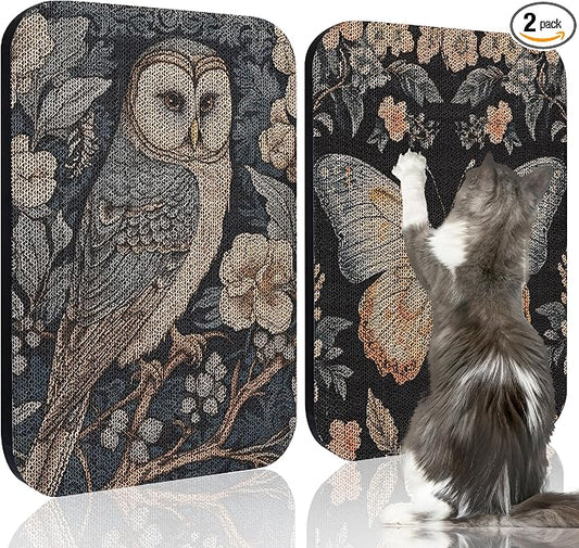 2 Pack Cat Wall Scratcher, Art Cat Scratching Board for Cats | Wall Mounted Cat Scratch Pad, Water-Based Ink, Hook&Loop Strips, Floor or Wall Use, 16.7x11x1 Inch, Owl & Butterfly by LESISSMER
