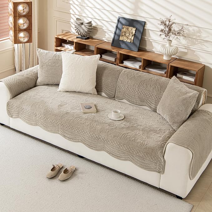 Couch Cover for Sectional Washable,Velvet Sofa Covers for 3 Cushion | Non-Slip Sofa Slipcovers, Couch Covers for Sofa, L Shaped Furniture Protector for Pet Dogs, Taupe, 36"X83" (Only 1 Pcs) - Image 7