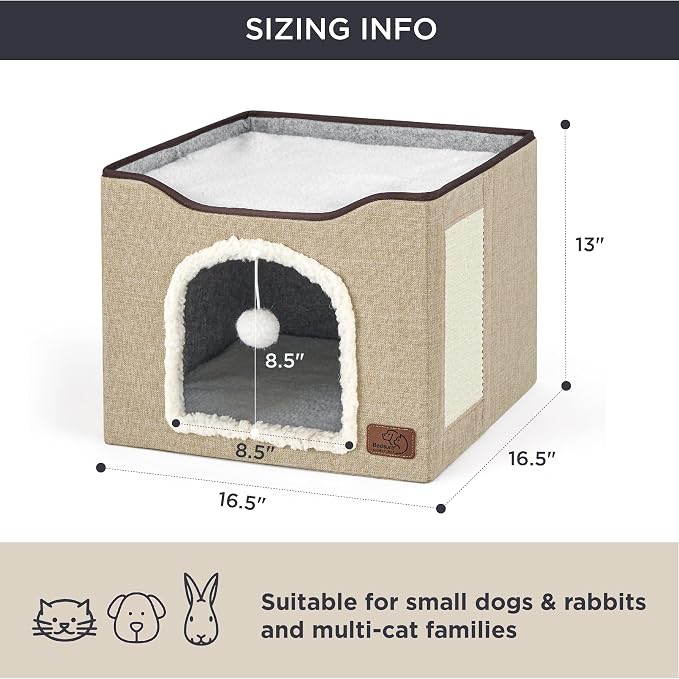 Bedsure Cat House Bed for Indoor Cats with Fluffy Ball and Scratch Pad | Brown,16.5x16.5x13 in,Large Cat Cave for Multiple Pets,Foldable Cat Hideway Cube for Sleeping Kitten - Image 6
