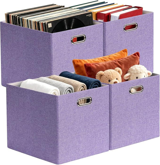 Posprica 3X Thicker Collapsible Storage Bins,13×15x13 Foldable Storage Cube Boxes Fabric Drawer for Closet Shelf Cabinet Bookcase, set of 4 (Purple) by Posprica
