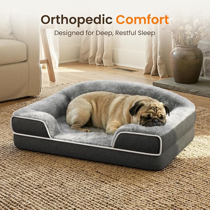 Orthopedic Dog Bed for Small to Medium Dogs, 30"x20" Dog Couch Bed | Egg Crate Foam for Pressure Relief, Cozy Bolster Sofa Design, Waterproof Removable Washable Cover, Non Slip Bottom, Dark Grey - Image 2