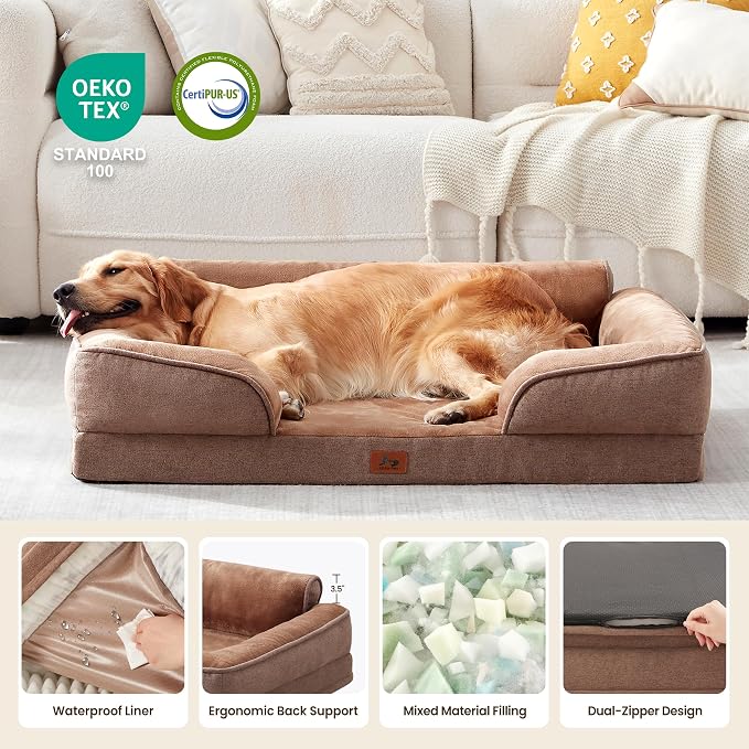 XL Orthopedic Dog Beds for Large Dogs, Waterproof Egg-Crate Foam Pet Couch Bed with Soft Sides, Non-Slip Dog Sofa with Flannel Removable Washable Cover, 42" L Supportive Pet Sofa, Brown - Image 4