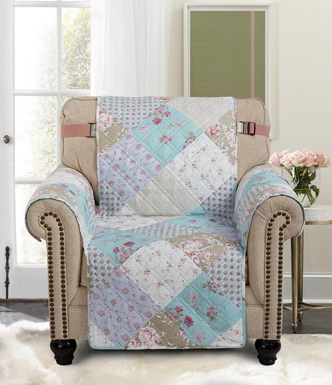 Brilliant Sunshine Blue & Green Roses Couch Armchair Cover, 23" seat | Patchwork Design, Non Slip Sofa Cover, Quilted Furniture Protector, Washable Chair Slipcover for Pets, Dogs & Cats - Image 2