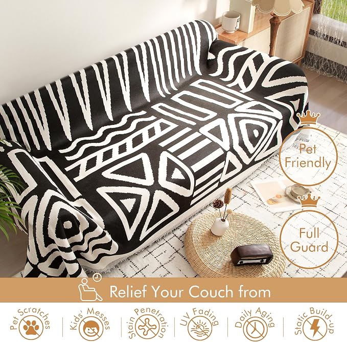 Couch Cover for 2-3 Cushion Couch Sofa Pet Friendly, Boho Sectional L Shaped Sofa Cover Washable for Dogs Cats Kids, Leather Furniture Protector Slipcover Decor for Living Room, 71"x118" - Image 3