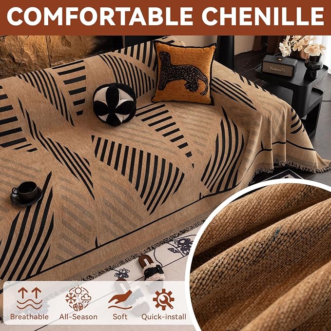 VClife Couch Cover Boho Style Sofa Cover for Dog, Modern Chenille Couch Cover for 3 Cushion Couch Sofa, Non Slip Brown Geometry Couch Protector with Tassel Sofa Slipcover Throw, 71"X134" - Image 6
