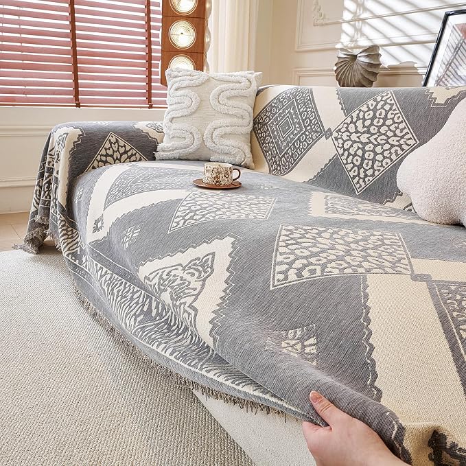 ROOMLIFE Couch Cover 3 Cushion Sofa, Washable Non Slip Furniture Sofa Protector Cover, Soft Chenille Sofa Slipcovers Sectional L Shape Dogs Couch Cover Throw Blanket with Tassels 71''X134'' - Image 5