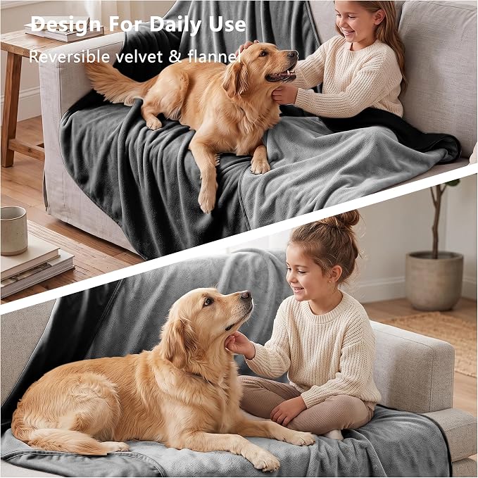 Waterproof Blanket for Dogs - Reversible Furniture Protector | TPU Leak-Proof Liner, Soft Velvet & Flannel Pet Throw, Machine Washable, For Couch and Bed, 68" x 82", Black/Lightgrey - Image 5