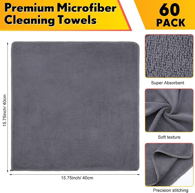 Nuenen Microfiber Cleaning Cloths for Cars 16 x 16 Inch Ultra Absorbent Car Towels Drying Reusable Cleaning Supplies House Kitchen Window Microfiber Towel (Gray,60 Pcs) - Image 2