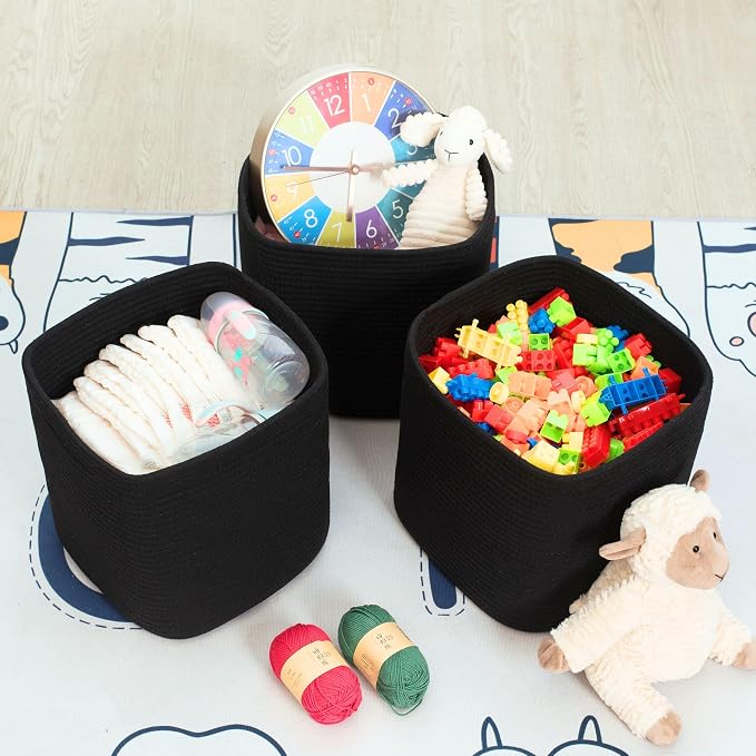 MINTWOOD Design 3-Pack 11x11 Inch Cube Storage Bin, Woven Organizer, Closet Cute Square Bins, Decorative Classroom Bathroom Pantry and Shelf Baskets, Full Black (MD-196) - Image 5