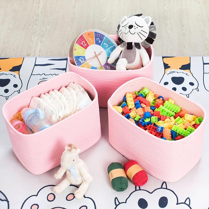 MINTWOOD Design 3-Pack Decorative Woven Storage Baskets for Shelves, Cube Bin Box for Organizing Books, Shoes, Dog Toys, Pantry Closet and Living Room Organizer, Soft Pink - Image 5