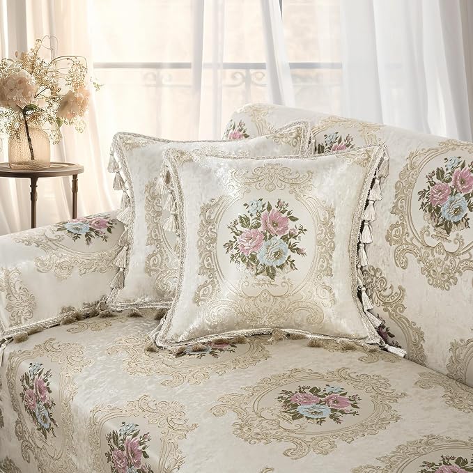 Loom and Mill Jacquard Floral Sofa Couch Covers, Pearly Beige, 71"x118" | Elegant Damask Sofa Throw Cover with Tassels for 2-3 Cushion Couch, Sectional Couch Cover Sofa Slipcover for Dogs Pets - Image 6