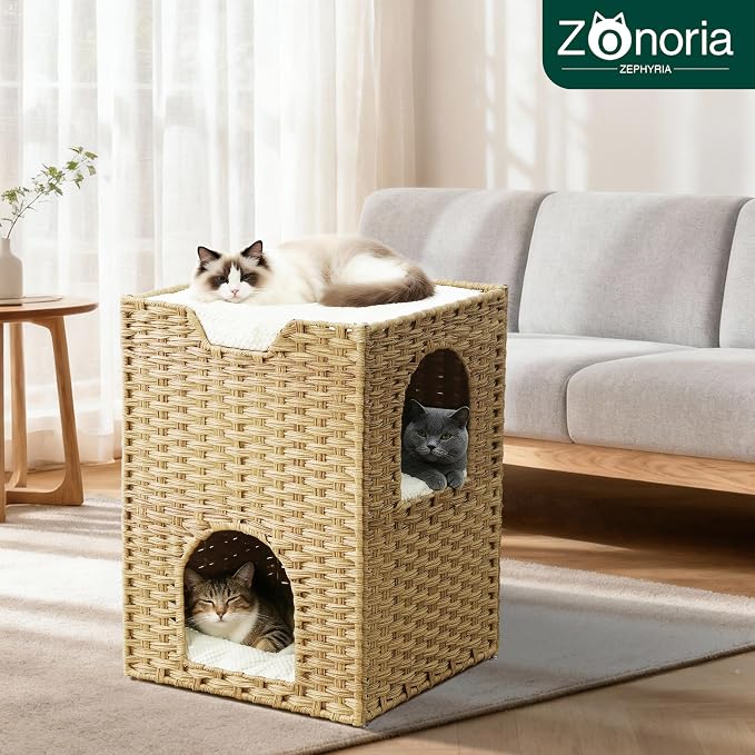 Safety Triple-Layer Cat House for Indoor Cats - Hand-Woven Rattan Cat Cave with 2 Hideaways & 3 Soft Pads - Foldable & Sturdy Cat Condo Furniture for Multiple Cats & Small Pets, Easy Assembly - Image 2
