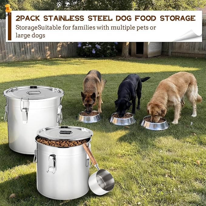 Lounsweer 2 Pack 8.9 Gal Stainless Steel Dog Food Storage Container with Lid and Locking Clamp 33 L Metal Airtight Container Large Stainless Steel Bucket with Food Scoop for Pet Feed - Image 5