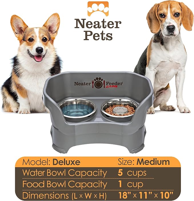Neater Feeder Deluxe Mess Proof Dog Bowls Elevated for Medium Sized Breeds – Made in USA – No Spill Raised Slow Feeder Elevated Dog Bowl Stand, Stainless Steel Food and Water Bowl Set, Grey - Image 3