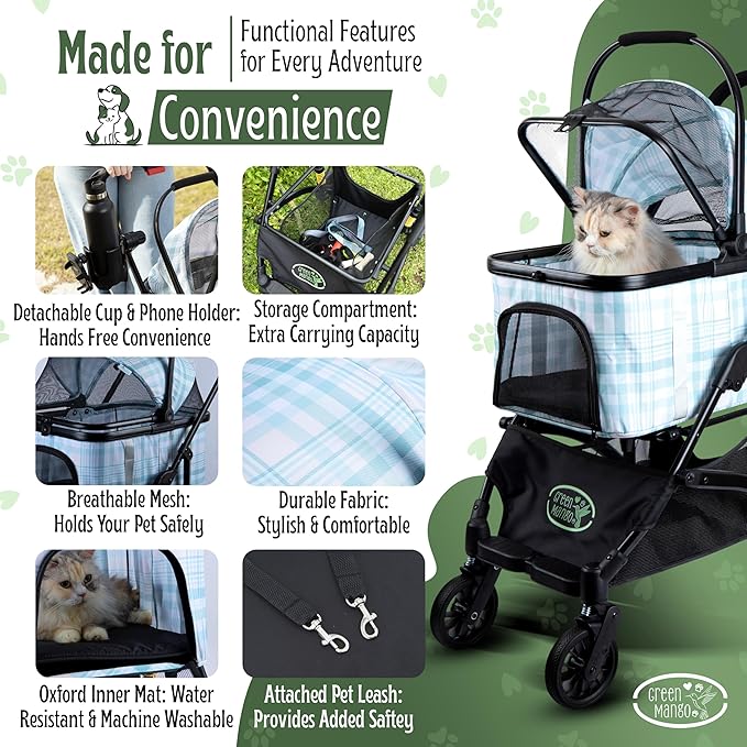 Green Mango Collapsible Pet Stroller with Suspension for Small/Medium Cats/Dogs. 3 in 1 Folding Stroller with Phone/Bottle Holder and Rain Cover, Car Seat and Storage Basket