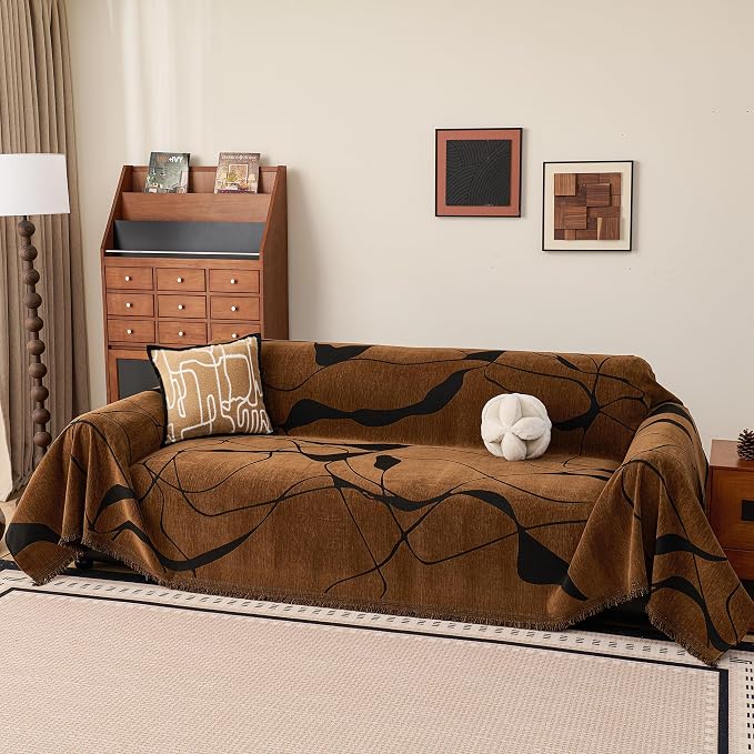 MEETSKY Couch Cover Washable for Dogs, Chenille Loveseat Sofa Covers Pet Friendly Marble Patterned Couch Covers Thick Dark Brown Soft Slipcover, 71" x 118" - Image 2