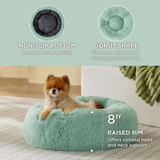 Bedsure Calming Small Dog Bed Donut Washable Cat＆Puppy Bed,23 inches | Fluffy Faux Fur Round Cuddler,Anti-Slip Bottom,Anti-Anxiety,Deep Sleeping for Large Cat & Pets Up to 25 Lbs,Apple green - Image 3