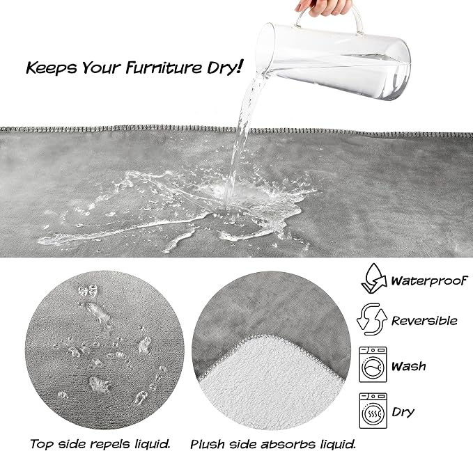 Waterproof Reversible Dog Blanket 60x70 Inches for Couch Bed Car – Soft Sherpa Fleece Pet Throw Furniture Protector Cover - Washable Pet Blanket for Dogs Cats Home Décor by PETMAKER (Gray) - Image 2