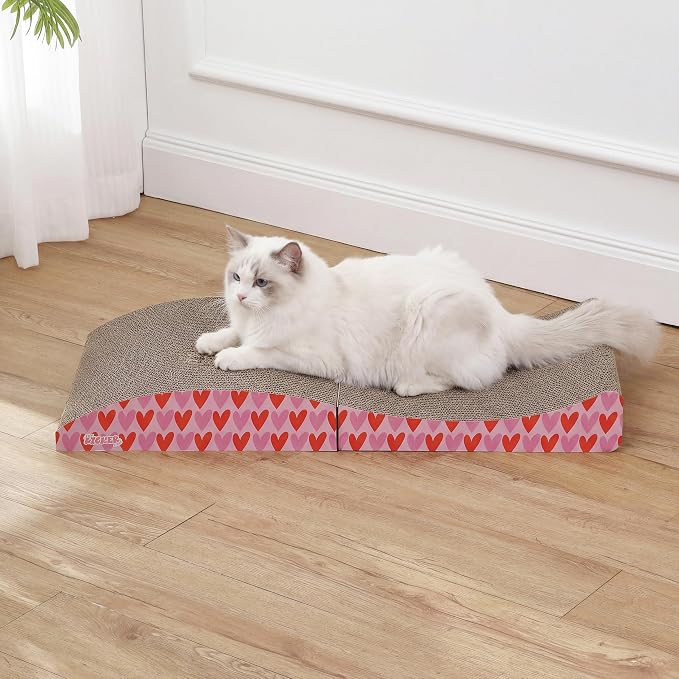 Eero 32" Modern Foldable Lounge Cat Scratcher with Catnip, Large Corrugated Cardboard Sofa Scratching Pad for Indoor Cats, Hearts, Pink CSR1011F - Image 2
