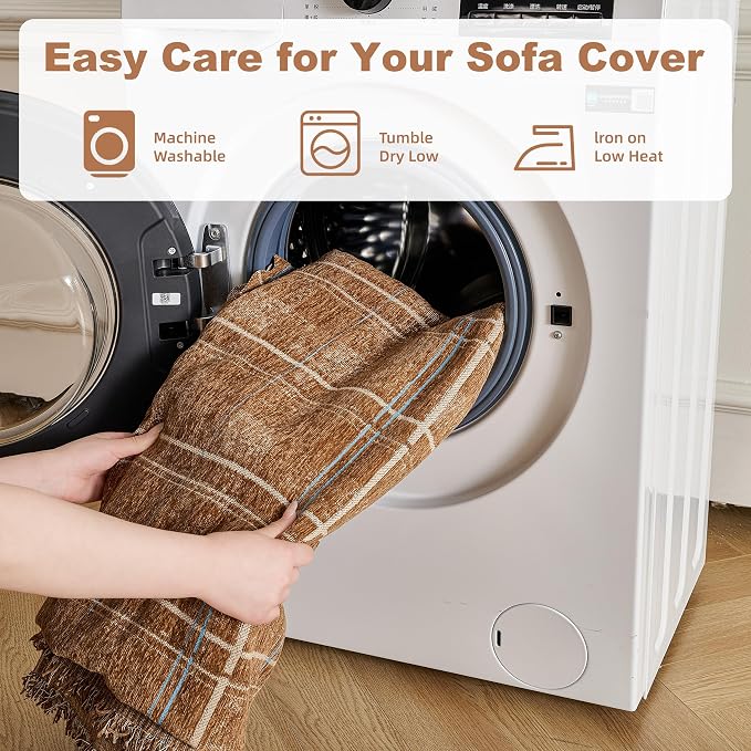 Couch Cover for Dogs Washable Sofa Cover, Sectional Couch Covers, Sofa Covers for 2 Cushion Couch, Non Slip Stripe Sofa Slipcovers Furniture Protector (Brown Checkered 91x118) - Image 8